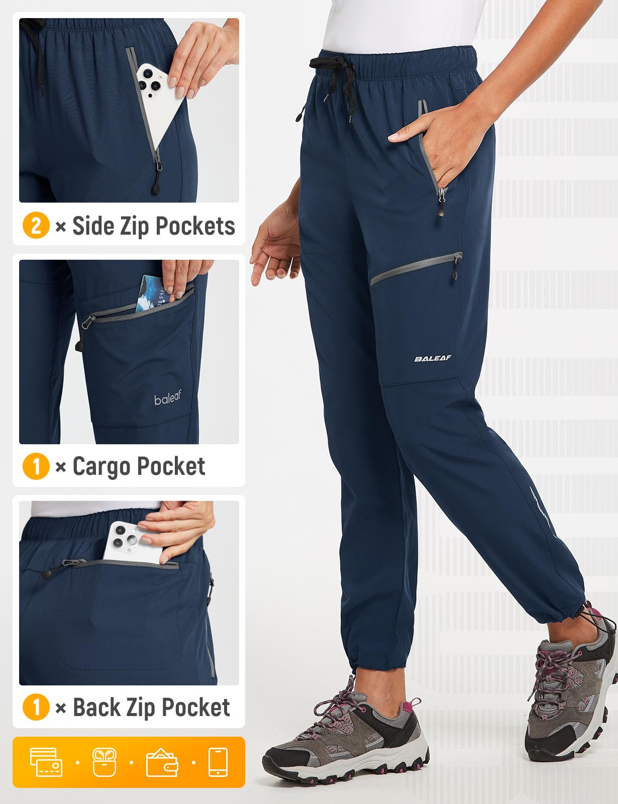 baleaf Women's Hiking Pants Quick Dry Lightweight Water Resistant Stretch Cargo Pants with Zipper Pockets Travel Camping 29''-Navy Blue 2XL
