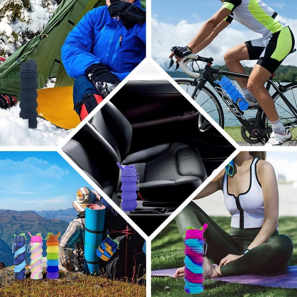 Skiennix Collapsible Water Bottles - 2 Pack Silicone Design with Carabiner | 500ml Portable Sport Bottles (Black & Blue)