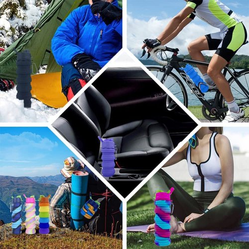 konlongzan Collapsible Water Bottles 3 Pack Silicone Water Bottle with Carabiner BPA Free Expandable Water Bottle 500ml Portable Sport Water Bottle for Travel Camping. (Black+Purple+Blue)