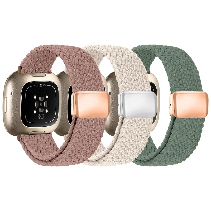 Braided Band for Fitbit Versa 4/3 & Sense 2/1 with Magnetic Clasp - Adjustable Nylon Sport Strap (Starlight/Pink Sand/Pine Needle Green)