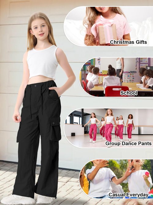 Cromoncent Women's High Waist Parachute Pants Y2K Cargo Trousers with Pockets for Womens, Black, M