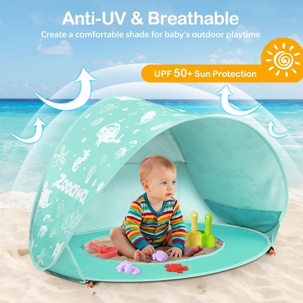 Zooawa Baby Beach Tent, Pop Up Beach Tent Sun Shade for Beach, Portable Shade Pool UV Protection Sun Shelter for Infant with Beach Sand Toys Set, Yellow