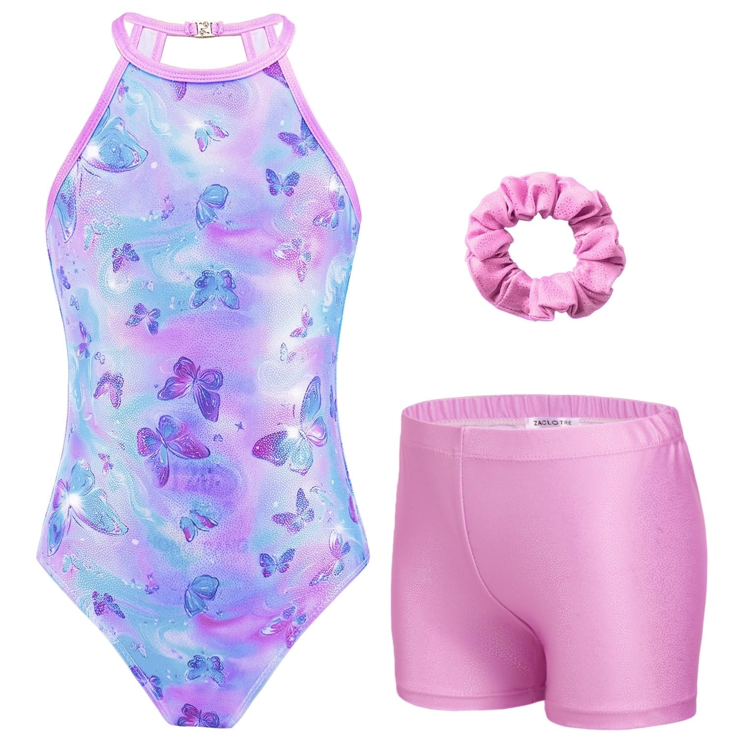 Zaclotre Girls Gymnastics Leotards Hollow Back Sleeveless Sparkly Dance Outfit with Gym Shorts for Little Kids 3-4 Years