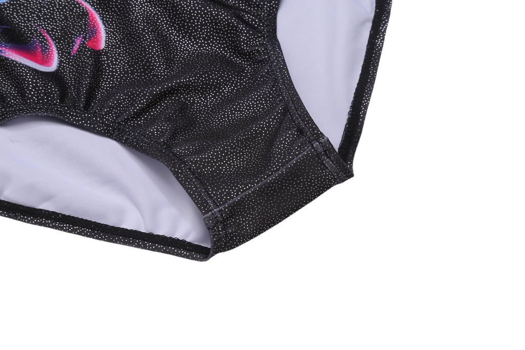Zaclotre Dance Leotard for Girls Sparkly Clasp Back Sleeveless Dancewear Gymnastic Outfit with Shorts Black Abstract 9-10Y