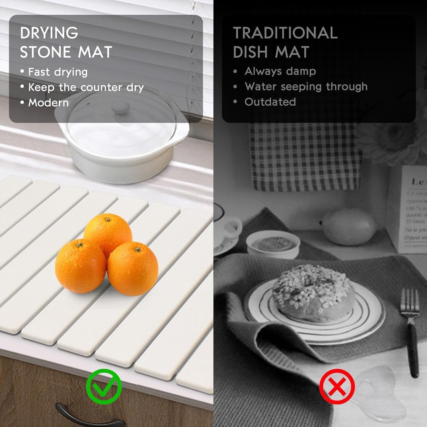 Large Stone Dish Drying Mats for Kitchen Counter, Quick Dry Collapsible Dish Drying Mat, Eco-Friendly Absorbent Foldable Diatomaceous Earth Mats for Dishes Bottles Cups, Match Any Countertop, 23"×15"
