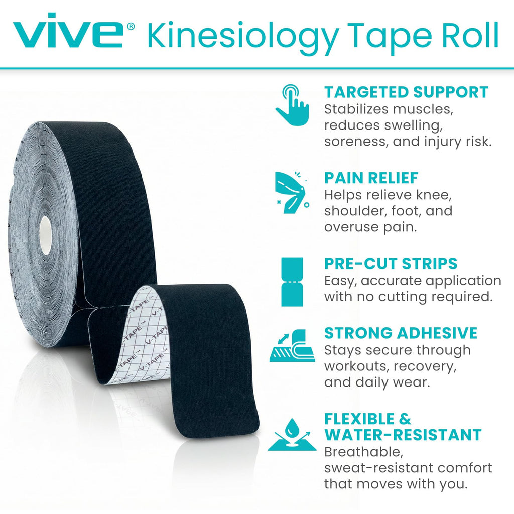 Vive Kinesiology Tape Roll - Tape Precut Strips (2" x 105 Feet/128 Strips) - Kinesio Sports Tape Athletic - Knee, Shoulder, Ankle, Muscle K Tape Adhesive Elastic Wrap - Body Kinetic Tape Waterproof