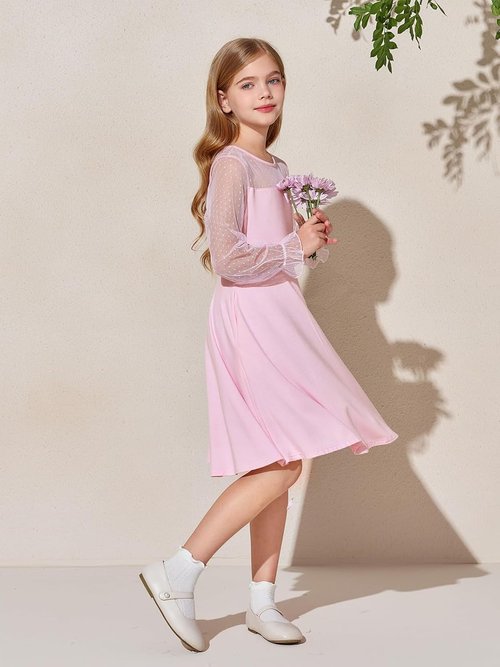 Haloumoning Girls A-Line Short Dress - Contrast Mesh Long Sleeve with Pockets | Sizes 4-14 Years