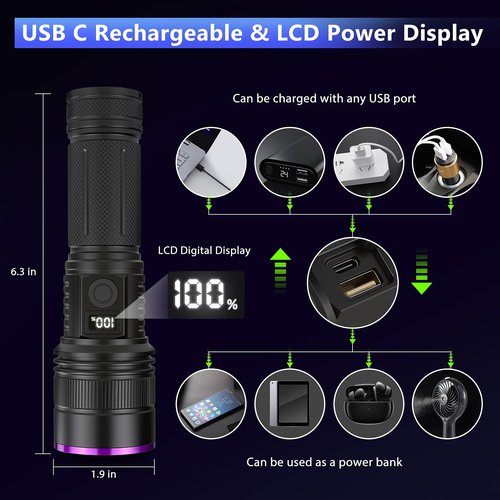 WINDFIRE Black Light Flashlight 365nm, UV Flashlight Rechargeable with LCD Display, 30W High Power Blacklight for Pet Urine Detection, Rocks, Scorpions, Resin Curing, Blood Tracking, Uranium Glass