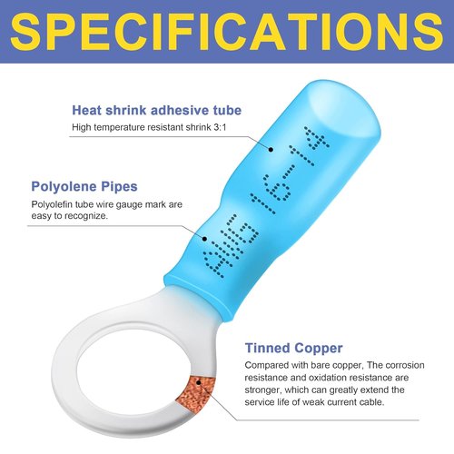 Haisstronica 100pcs Blue Marine Grade Heat Shrink Ring Connectors - 16-14 Gauge Tinned Copper Terminals
