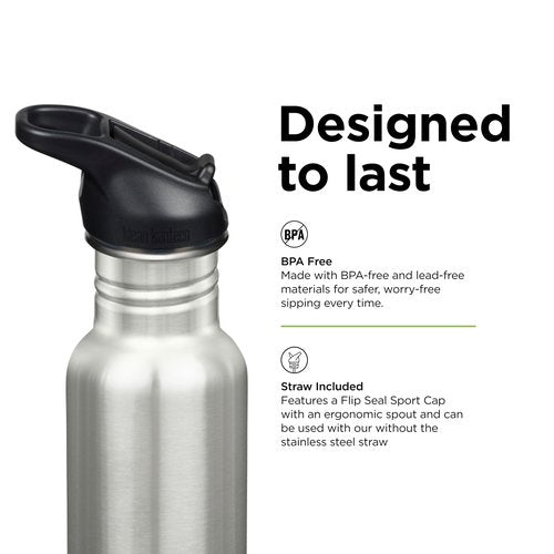 Klean Kanteen 18 oz Classic Water Bottle with Flip Seal Sport Cap & Straw - 100% Leakproof Spout & Cap - Durable, BPA-Free & Stainless Steel Material - Easy-Sip Water Bottle - Brushed