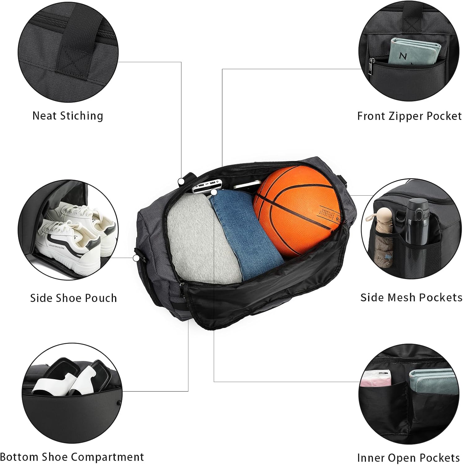 Seyfocnia Gym Duffle Bag - Versatile Travel Weekender with Wet Pocket & Shoe Compartment - Black