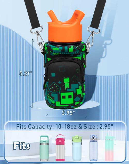 Miss Adola Water Bottle Carrier with Strap - Cute Cartoon Insulated Kids Water Bottle Holder for Boys Girls Green World Neoprene Bottle Bag for 10/12/14/16/18Oz Stainless Glass Bottles Sleeve