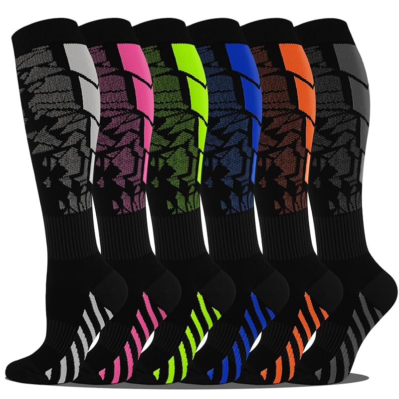 Compression Socks for Women & Men 20-30mmHg Knee High 6 Pairs Multi Stripe 02+Large-X-Large