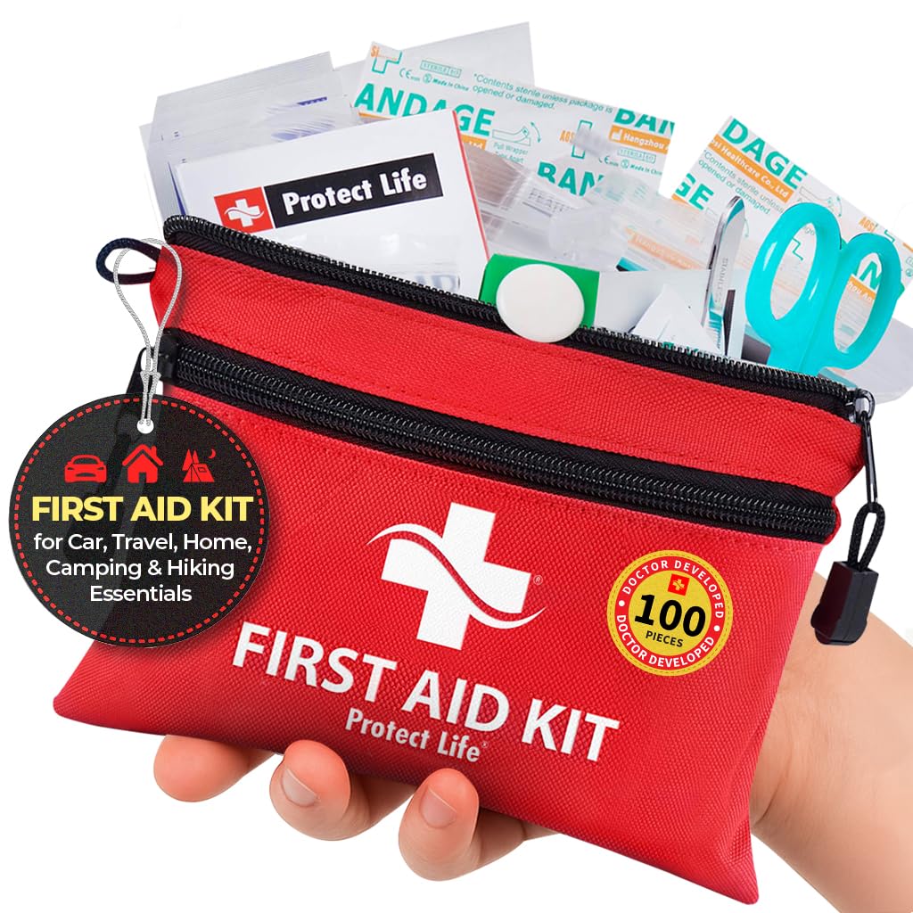 Protect Life Doctor Developed Mini First Aid Kit, 100 Piece Waterproof Emergency Kit for Car, Boat, Camping & Travel, Includes Emergency Blanket, Tourniquet & First Aid Guide