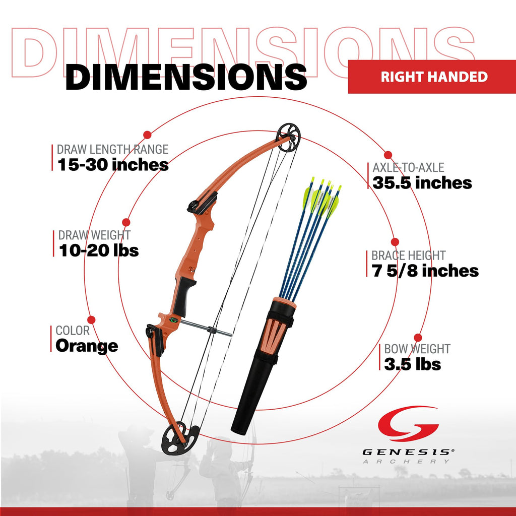 Genesis Original Compound Bow & Arrow Kit- Adjustable Riser, 15"-30" Draw Length, 10-20 lb Draw Weight, All Skill Levels, Draw Hand - Right, Orange