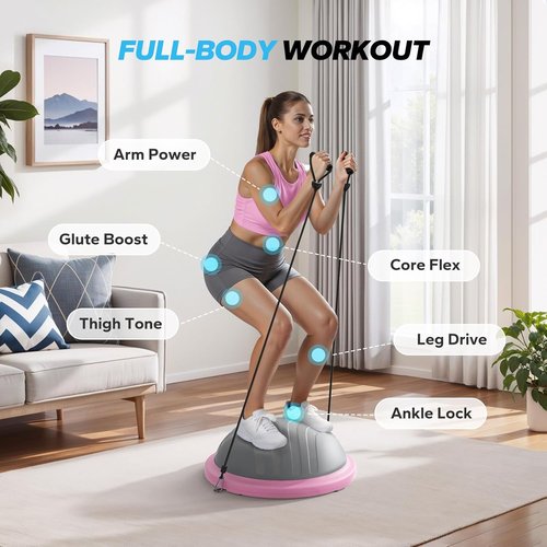 MERACH Balance Ball Trainer - 18-Inch Half Exercise Ball with Resistance Bands & Foot Pump | Core Strength Training, 450lb Capacity