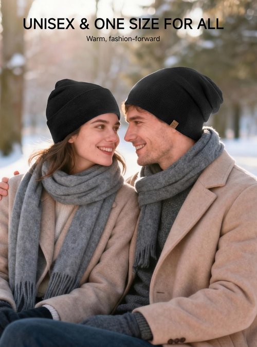 TRENDOUX Winter Merino Wool Beanie: Knit Warm Beanie Hats for Men Women Soft Unisex Stocking Cap Black
