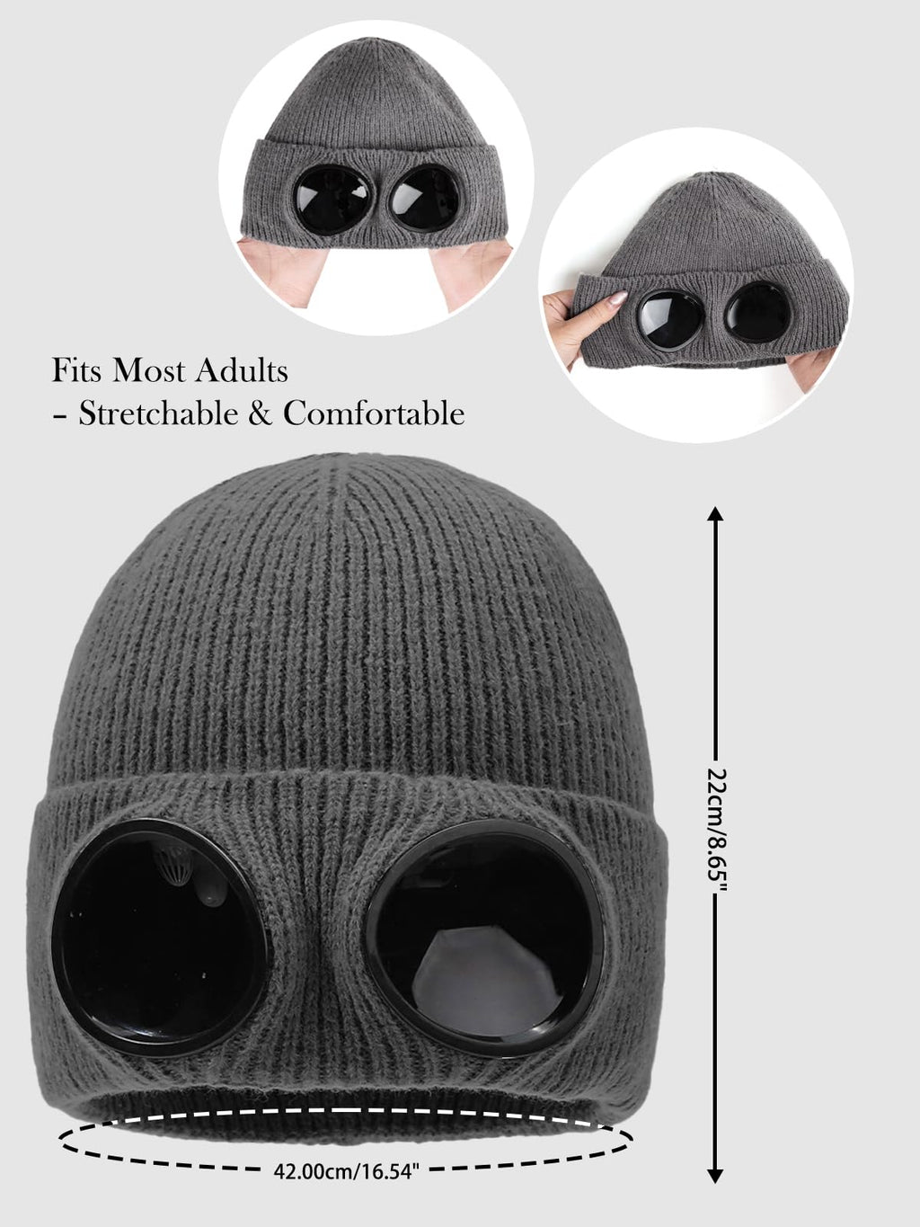 Vettres Unisex Winter Beanie with Fixed Goggles, Double-Layer Knit Hat with Soft Fleece Lining, Warm Windproof Skull Cap Dark Gray
