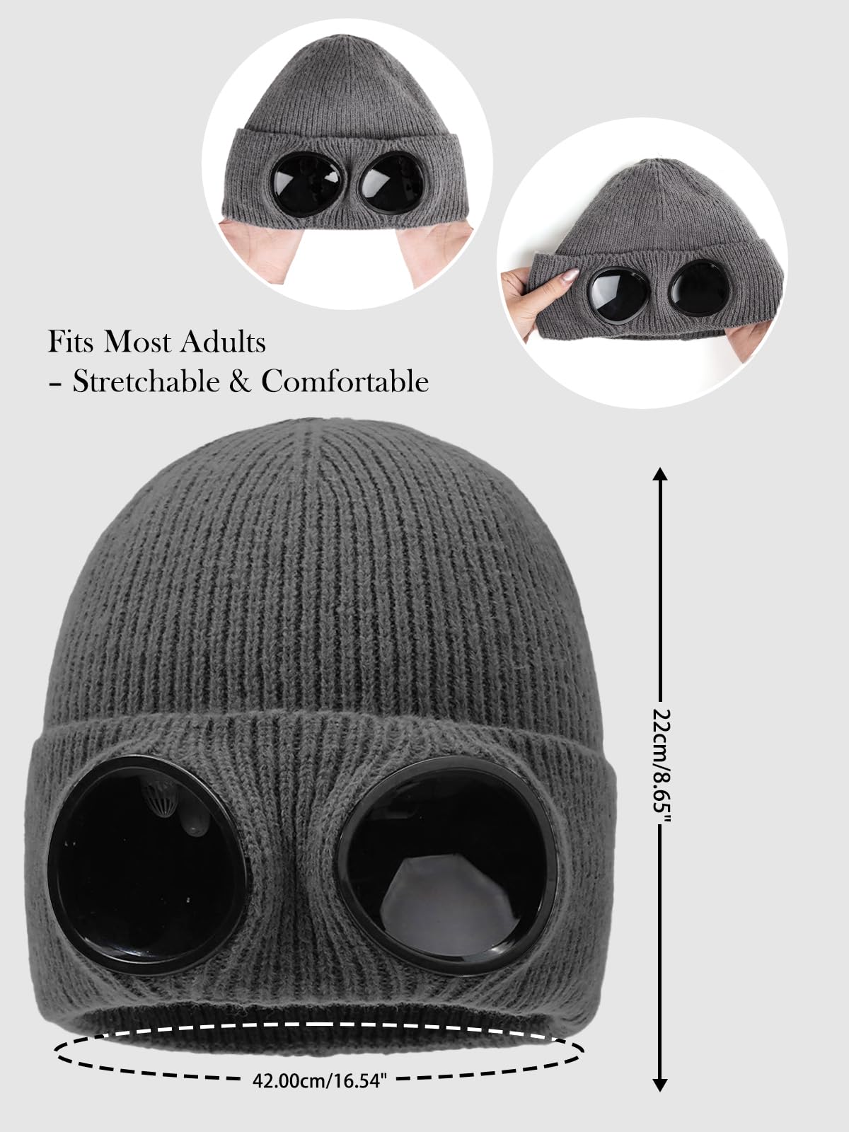 Vettres Unisex Winter Beanie with Fixed Goggles, Double-Layer Knit Hat with Soft Fleece Lining, Warm Windproof Skull Cap Dark Gray