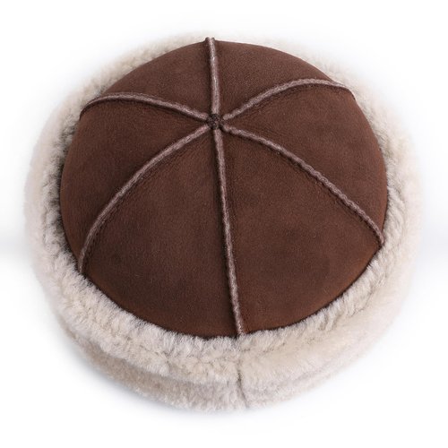 BOONJOVIA Unisex Genuine Sheepskin Leather Shearling Wool Beanie Hat, Winter Fur Cap, Hand Stitched (US, Alpha, One Size, Brown)