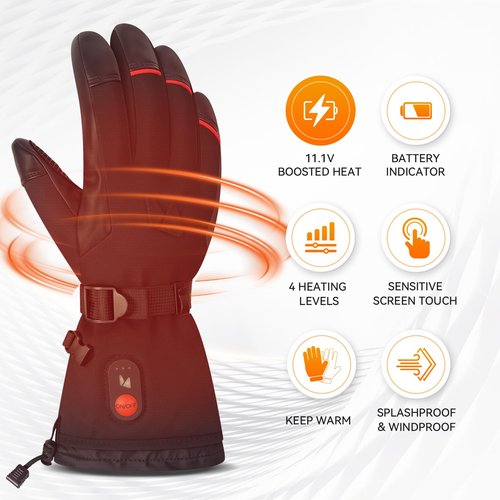Hompres Heated Gloves, 11.1V Rechargeable Heating Gloves for Men Women, 4 Heating Levels, PU Leather & Wrist Leash, Touchscreen, Winter Gift for Outdoor Work, Skiing, Hunting, Cycling, Christmas
