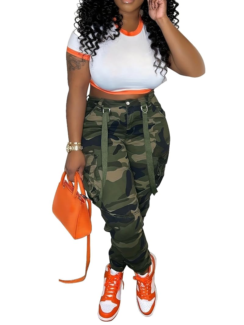 Camo Cargo Pants for Women - High Waisted Army Fatigue Pants with Pockets, Variation: Camouflage+Large