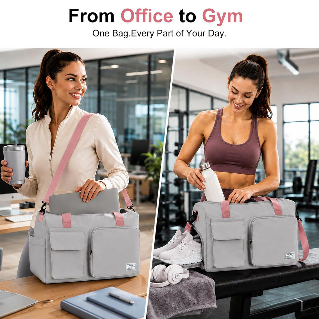 FIORETTO Women's Gym Duffle Bag with Shoes Compartment, 30L Capacity, Ideal for Travel, Gym, Sports, Duffel, Weekender, Grey & Pink