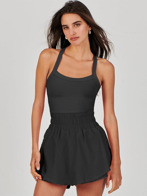 ANRABESS Women's Mini Tennis Dress - Sleeveless One-Piece Workout Romper with Shorts | Summer Athletic Outfit