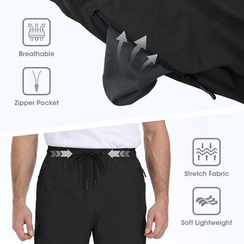 BondiTrekk Mens Lightweight Hiking Pants Water Resistant Athletic Workout Running Travel Casual Joggers 3 Pockets Quick Dry Black