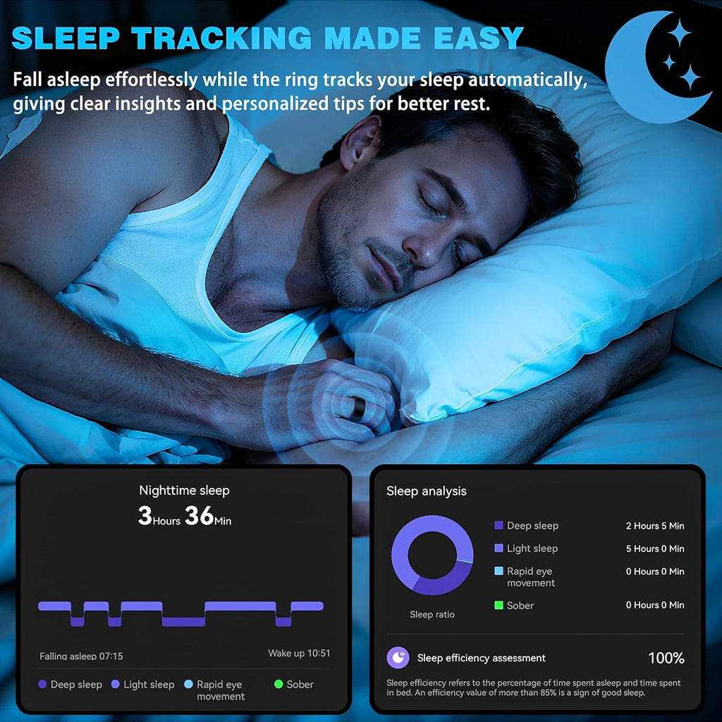 Skiennix Smart Ring - Fitness Tracker with Heart Rate, SpO2 & Sleep Monitoring | IP68 Waterproof (Black, Size 12)