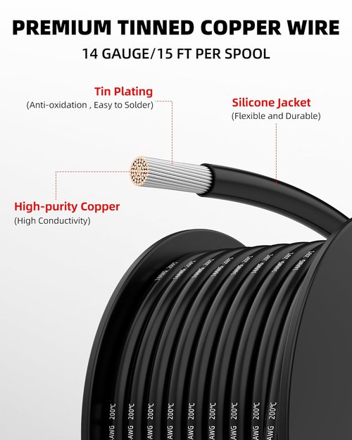 NAOEVO 14 AWG Silicone Tinned Copper Wire - 90ft Flexible Electrical Cable in 6 Colors for DIY Projects