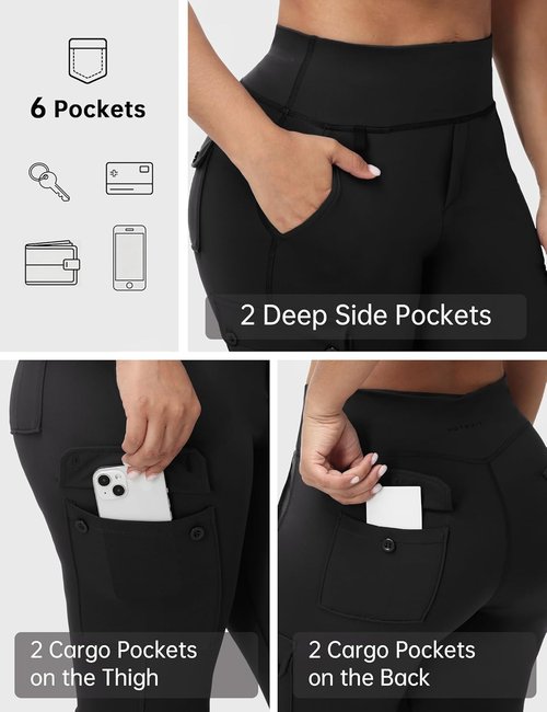 HOTSUIT Cargo-Yoga-Pants for Women 6 Pockets Stretch Work Trouser Adjustable High Waist Leggings Office Casual Travel 29''