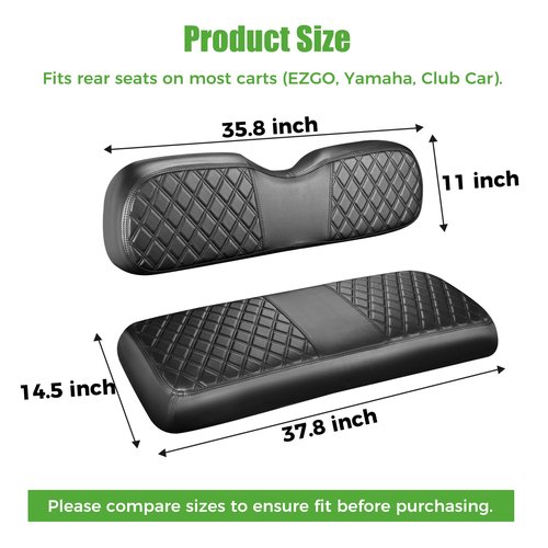 10L0L Golf Cart Seat Cover Universal Leather Rear Seat Cover for Yamaha, EZGO, Club Car - Soft PU Leather and Fitting Memory Foam, 3D Diamond Pattern, Durable Waterproof, Easy to Clean (Black)