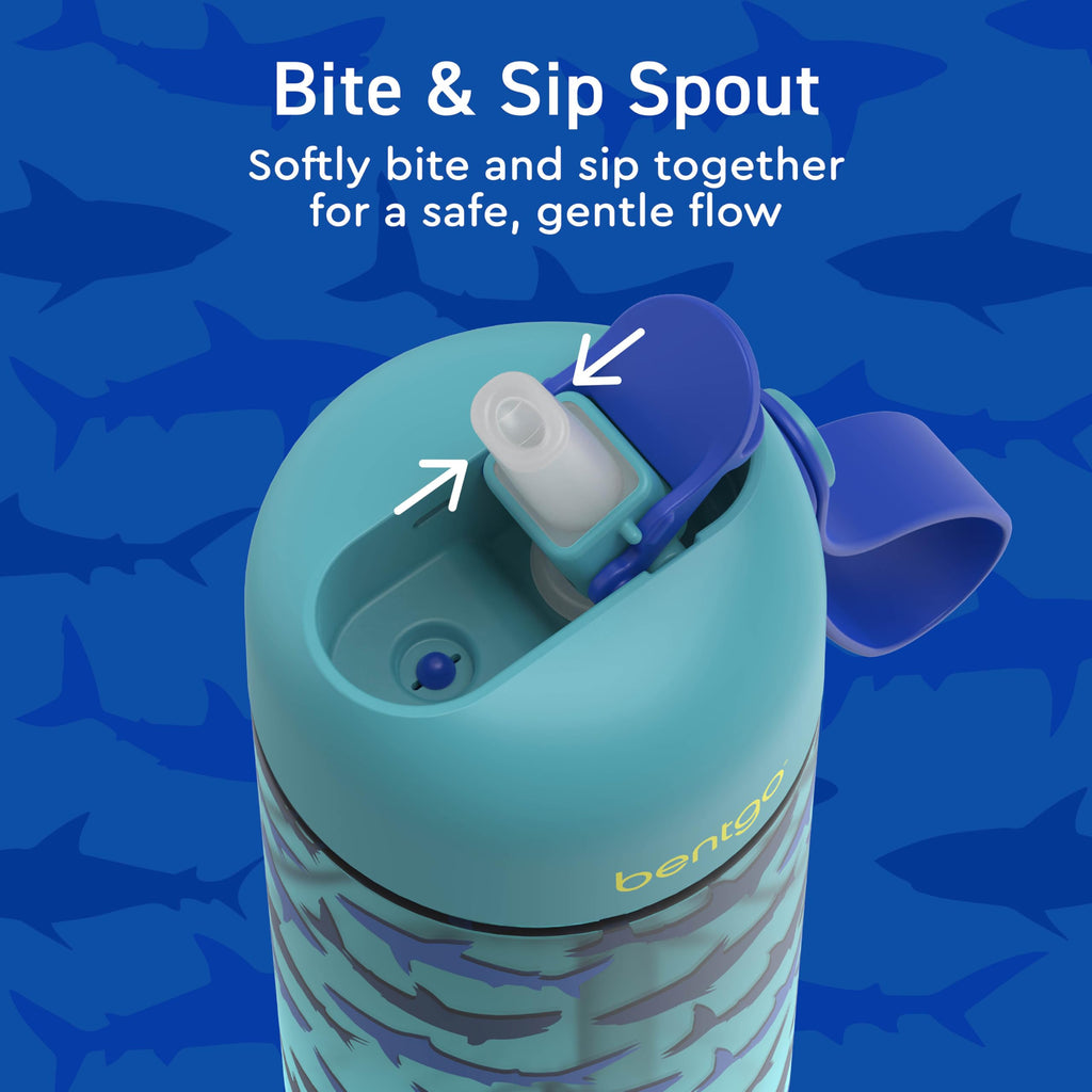 Bentgo Kids Water Bottle - Leak-Proof, Durable Tritan PFAS- & BPA-Free 15 fl oz, Kids/Toddlers Ages 3+ for School & Sports; Bite & Sip Spout, Carrying Handle, Dishwasher Safe (Sharks)