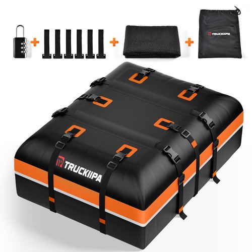 Truckiipa Car Rooftop Cargo Carrier Bag, 20 Cubic Feet Waterproof Roof Cargo Carrier Bag, Soft Shell Car Top Cargo Box for All Vehicles with/Without Racks, Anti-Slip Mat, Door Hooks, Luggage Lock