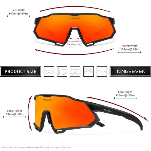 KINGSEVEN Polarized Sunglasses for Men and Women Sports Sunglasses with UV400 Protection for Driving Fishing Cycling (Black Frame Black Temple-Red Lens)