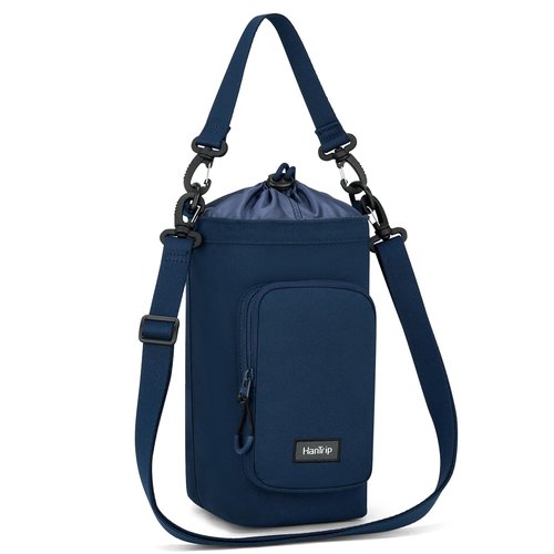 HanTrip Insulated Water Bottle Carrier Bag with Strap Phone Pocket for 25/32/40/64 oz Tumbler Cup, Water Bottle Holder Crossbody Shoulder Sling Bag for Walking Hiking Gym Travel (Navy Blue)