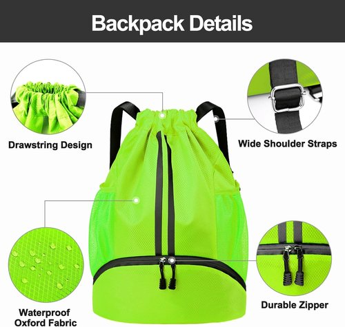 Hoedia Sports Drawstring Backpack - Waterproof Gym Bag with Shoe Compartment | Green