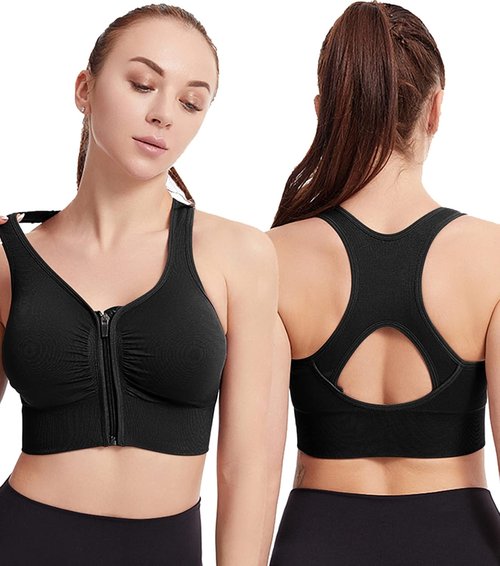 Fapreit Women's Sports Bra - Seamless Wire-Free Zip Front Closure for Post-Surgery Comfort | Padded Racerback