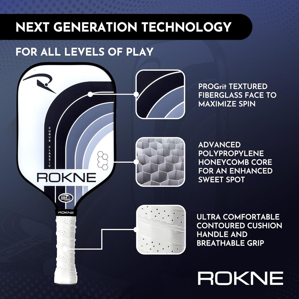 ROKNE Curve Classic Pickleball Paddle - USAPA Approved Fiberglass Design | Precision Engineering & Comfort | ProGrit Texture for Maximum Spin & Power
