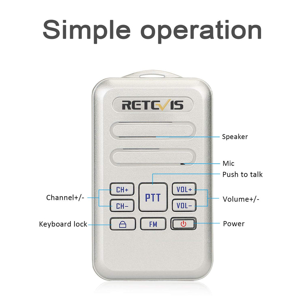 Retevis RT20 Small Walkie Talkies for Adults, Mini Size Portable Two Way Radios Rechargeable with Clear Audio, Handsfree, FM, Keyboard Lock for Education Pet Hospital Healthcare(Silver, 5 Pack)