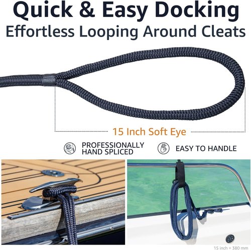 Double Braid 5/8" x 20' Boat Dock Lines | Heavy-Duty Nylon Ropes with 15" Spliced Eye – Durable Marine Lines for Pontoon & Light Boats (Navy Blue) - 4-Pack