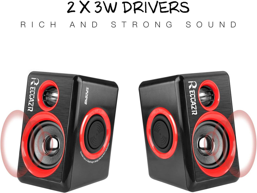 Reccazr SP2040 Computer Speakers - 2.0 CH USB Wired with Deep Bass for Desktop & Laptops | Red