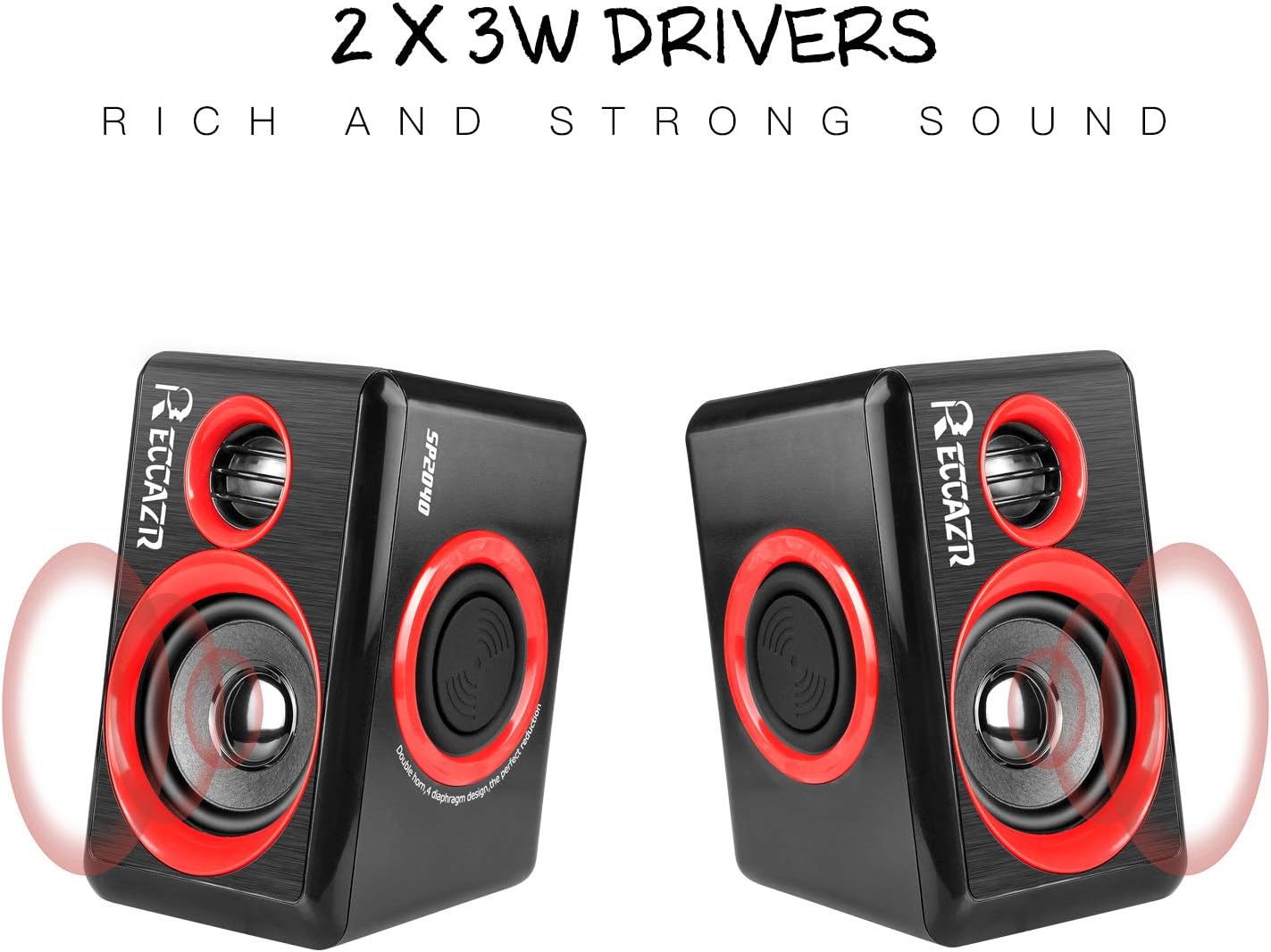 Reccazr SP2040 Computer Speakers - 2.0 CH USB Wired with Deep Bass for Desktop & Laptops | Red
