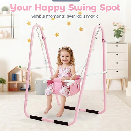 FUNLIO U-Shape Toddler Swing Set - Heavy Duty Metal Frame, Easy to Assemble, Portable & Foldable - Pink, 6-36 Months