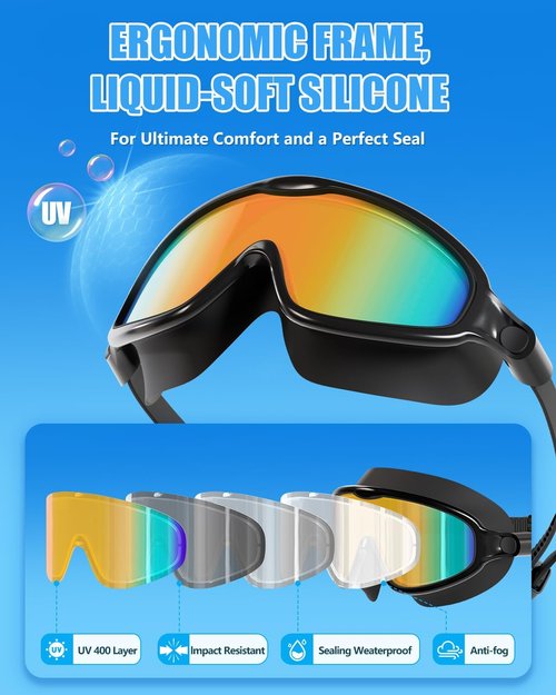 Aegend Swim Goggles - Wide View Anti-Fog & Anti-UV Protection | 2 Pack for Adults & Youth