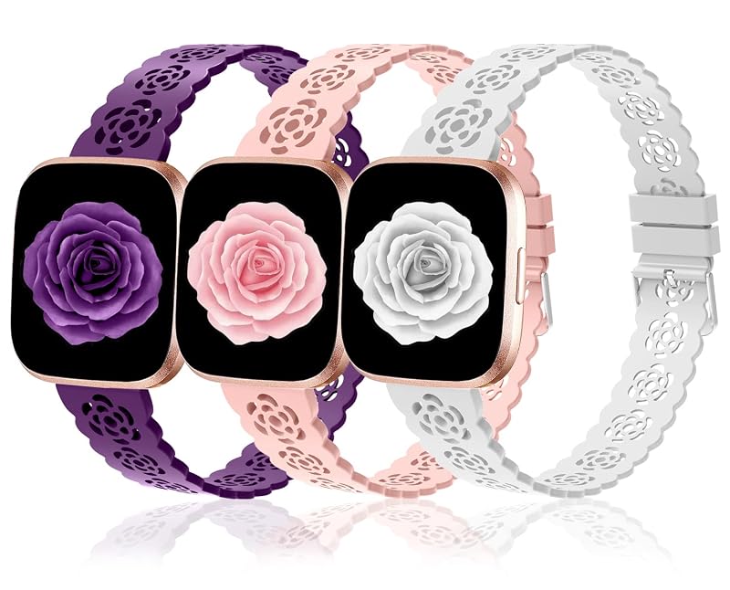3 Pack 22mm Lace Hollowed-Out Silicone Replacement Wristbands for Fitbit Versa Family - Baby Pink, Purple, White