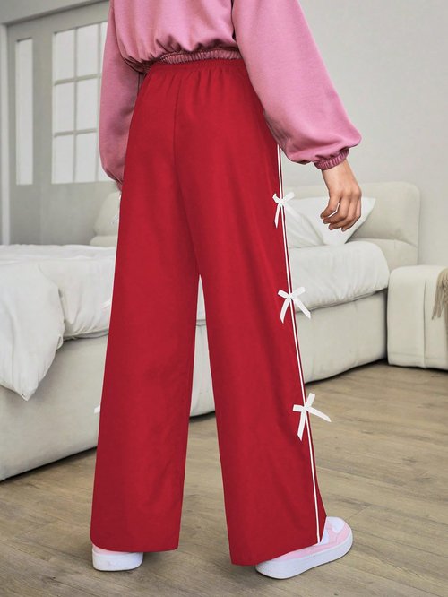 WDIRARA Toddler Girl's Bow Side Waist Track Pants Cute Wide Leg Trousers Red 11Y