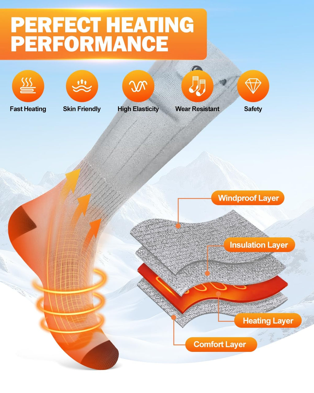 Zoomsnail Electric Heated Socks, 3 Heating Settings Washable Heated Sock for Fishing Skiing Hiking Skating, Valentine's Day Gifts, 5000mAh Rechargeable Electric Socks for Men Women
