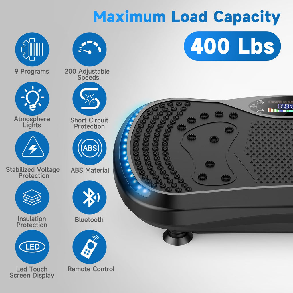 Vibration Plate Exercise Machine for Lymphatic Drainage, Vibration Machine for Full-Body Weight Loss Shaping, Vibrate Fitness Platform 400 Lbs & 200 Adjustable Speeds for Women Men Home (Black)